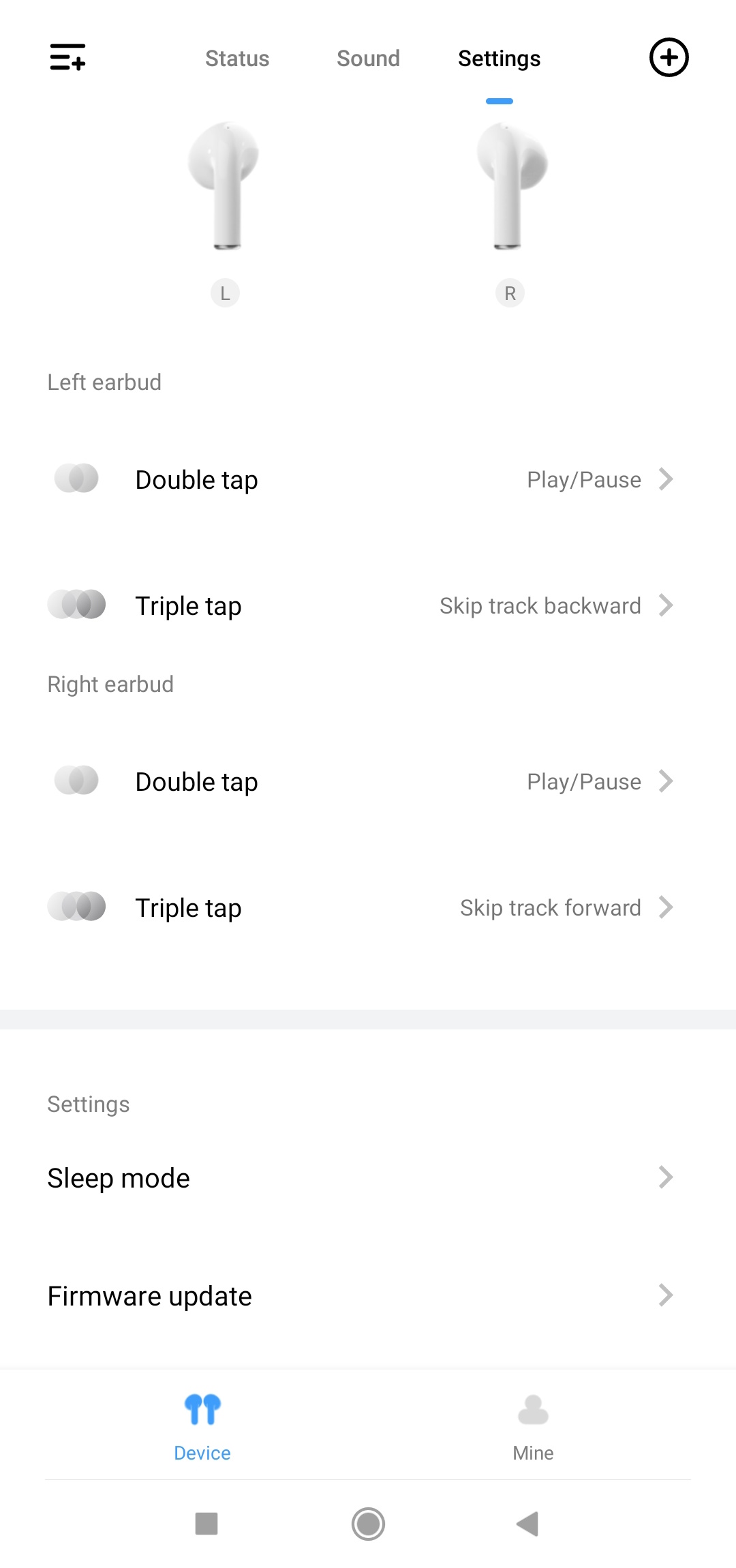 Settings tab in app